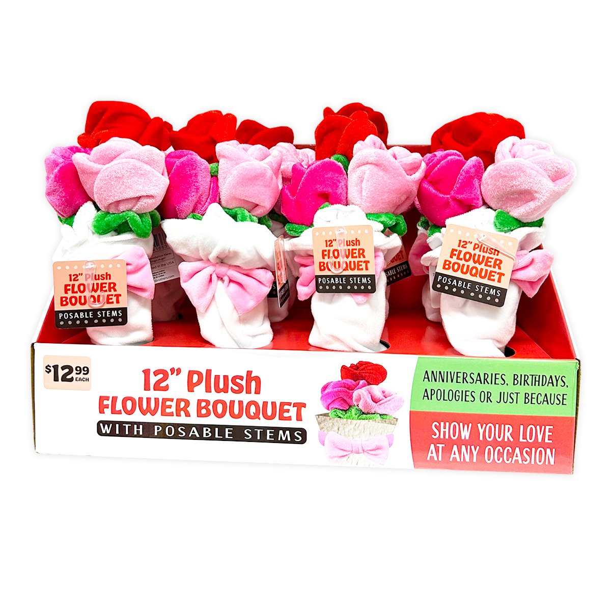 Plush Rose Bouquet 12" Assortment 8 Pieces Per Retail Ready Display