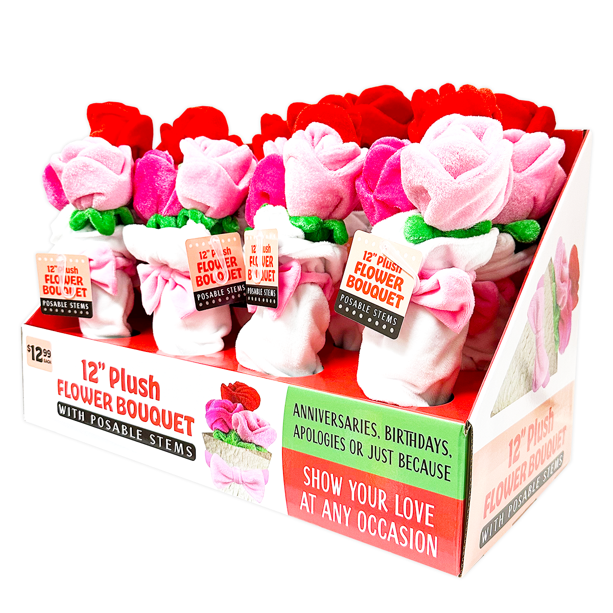 Plush Rose Bouquet 12" Assortment - 8 Pieces Per Retail Ready Display 41663