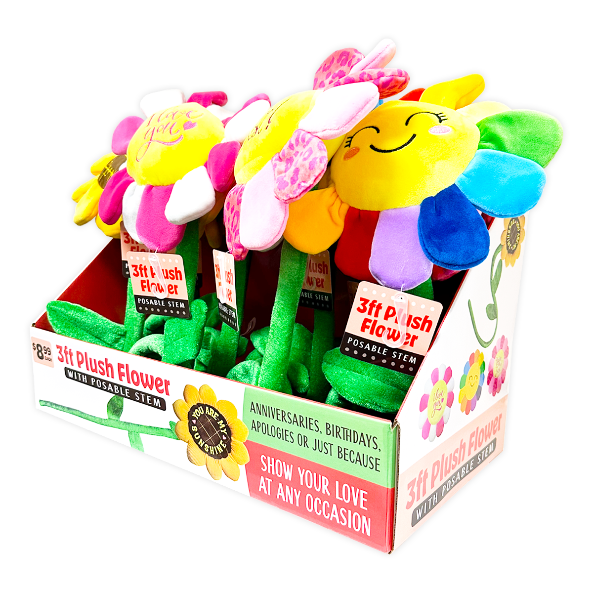 Plush Flower 36" Assortment - 8 Pieces Per Retail Ready Display 41664